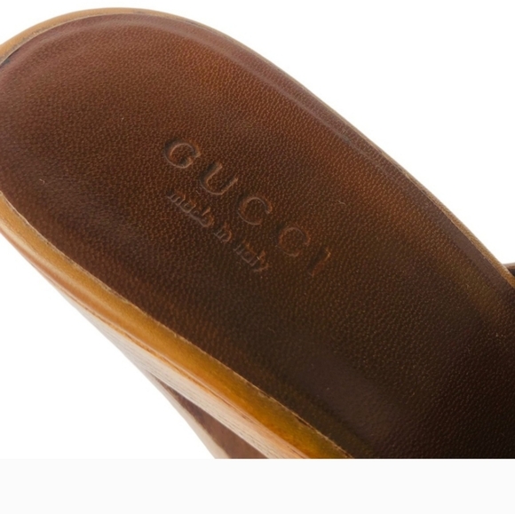 Gucci Cognac Morena Horsebit Studded Leather Clog Wooden Heel Sandal Size 8 - Picture 6 of 13